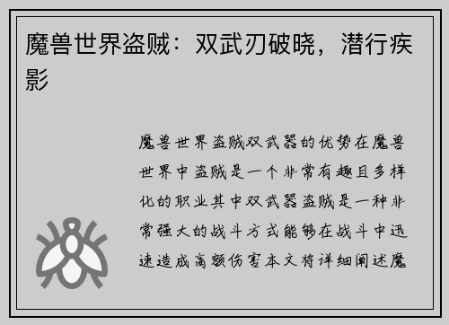 魔兽世界盗贼：双武刃破晓，潜行疾影